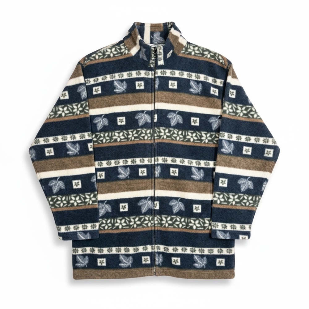 Vintage Essentials Unisex Blue and Brown Patterned Zip-Up Fleece Sweater